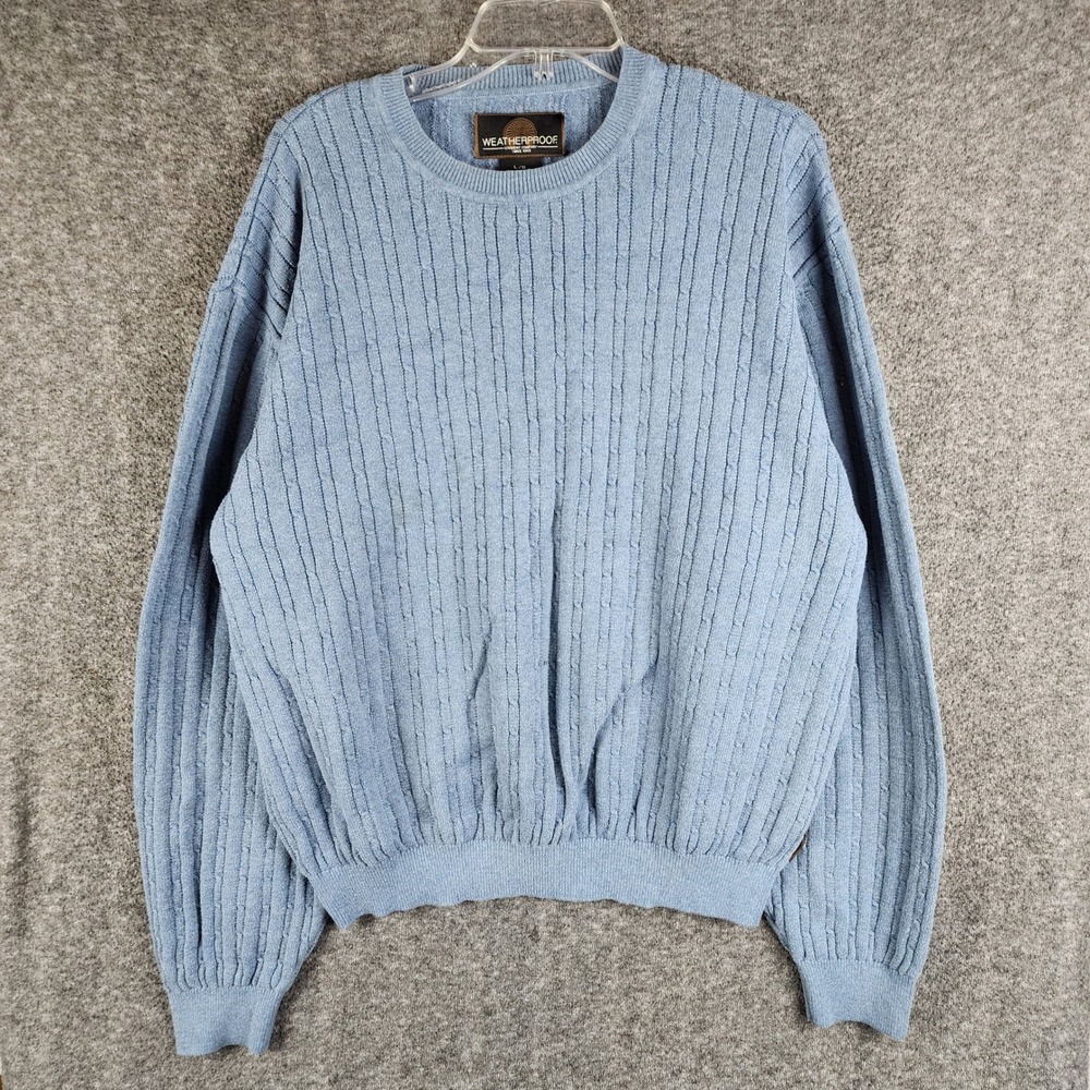 Weatherproof Sweater Mens L Cable Knit Light Blue Crew Neck EUC